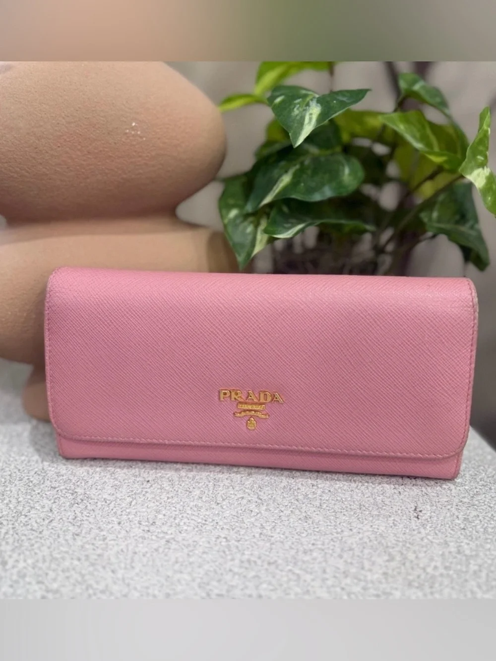 Prada Pink Saffiano Continental Wallet with Gold Logo